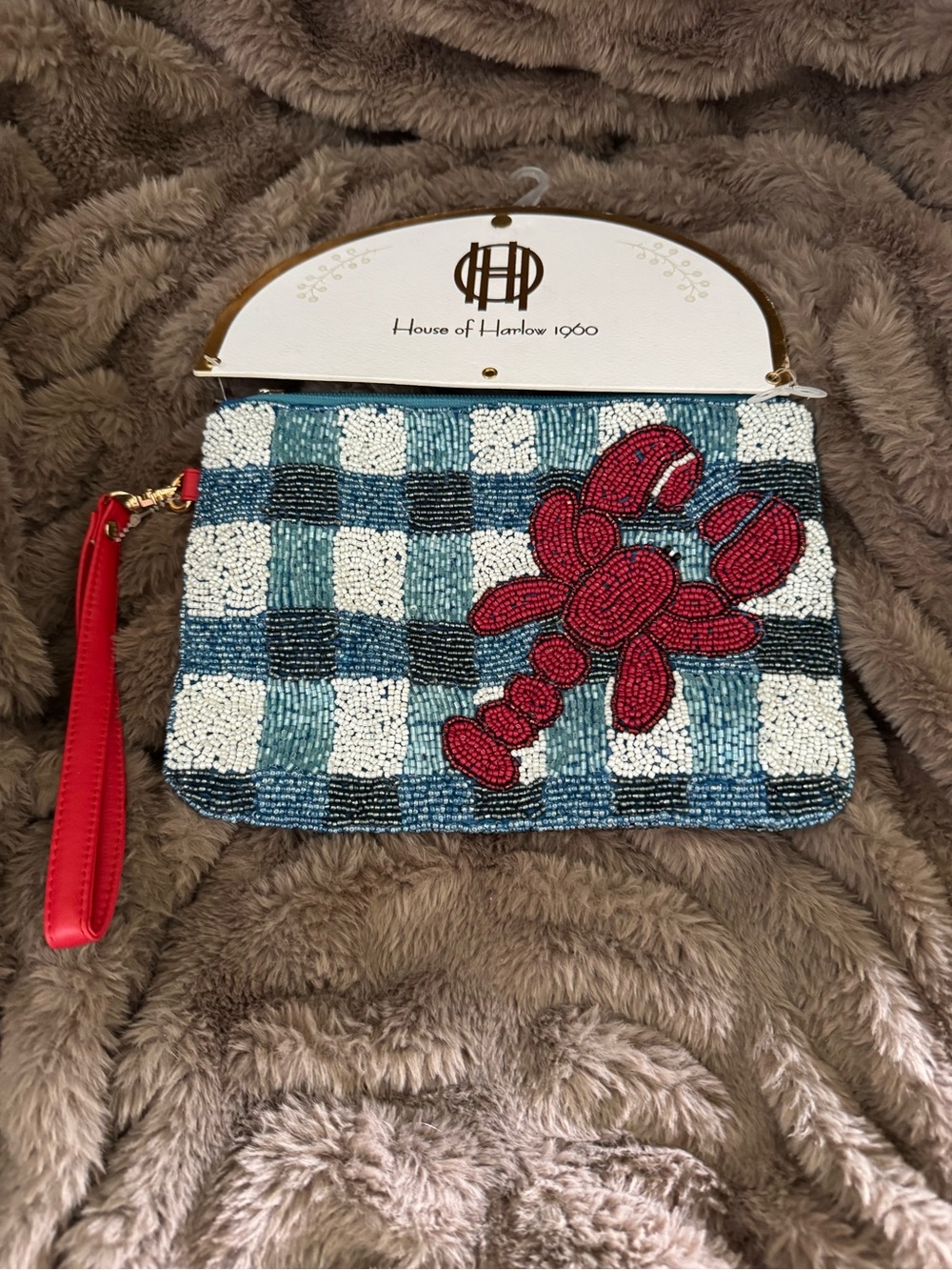 House of Harlow 1960 Blue & White Beaded Clutch with Red Lobster Accent